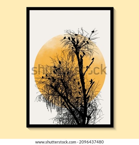 Abstract Tree and Bird Sun Yellow Art  Watercolor Wall Painting Posters and Prints Nordic Murals Vector art print.