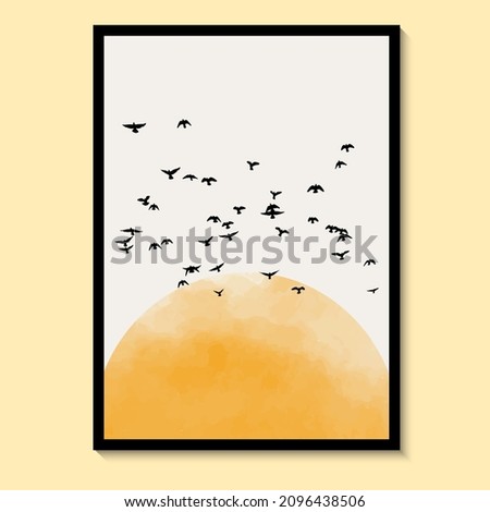 Abstract Nature and Birds Sun Yellow Art Watercolor Wall Painting Posters and Prints Scandinavian Wall Paintings Vector art print.