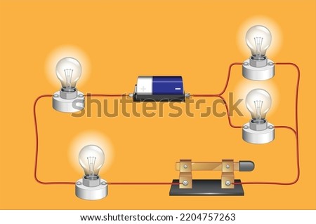 series circuit, basic electric circuits experiment, flat design illustration, Kirchhoff voltage law, Kirchhoff current law, simple electric circuit, on-off circuit