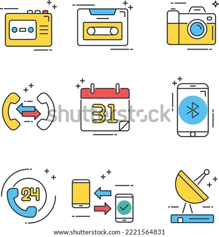 digital media, technology icon flat design illustration, web icon, wifi, microphone, mediaplayer, web cam, video recorder, mobile chat, cellphone, support, disk, camera, bluetooth