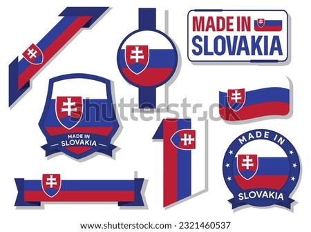 Collection of made in Slovakia badges, labels, stamp, and sticker. Slovakia flag in ribbon vector illustration