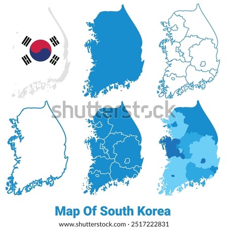 South Korea Map with flag and flat outline vector illustration set