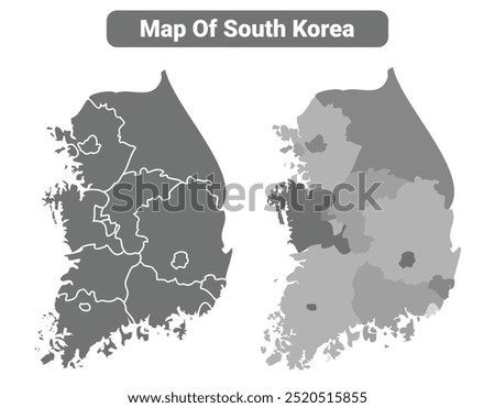 Greyscale South Korea political map with borders of region vector illustration set