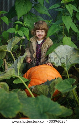 little funny girl with pumpkins in the garden