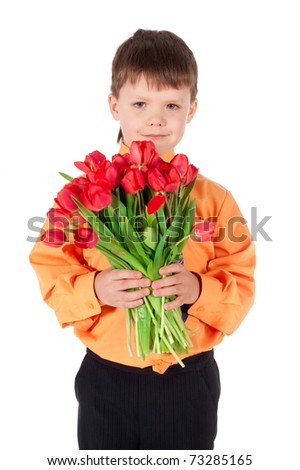 Boy With Tulips Soap Beautiful Boy With Bigh Bouquet Of Tulips Stock Photo
