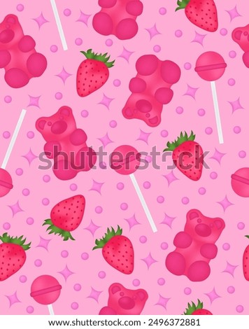 Pattern lollipop, jelly and strawberry on light pink background.