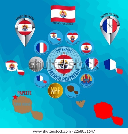 Set of vector illustrations of flag, contour map, money, icons of French Polynesia. French Polynesia is an overseas community and a constituent country of France. Travel concept.
