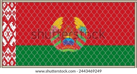Vector illustration of the flag and coat of arms of the Republic of Belarus under the lattice. Concept of isolationism.
