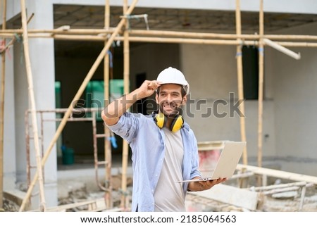 Similar – Image, Stock Photo blueprints, protective helmet, laptop,house model and tools on architect workspace.Construction site