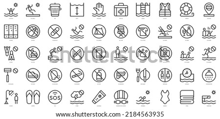 Set of thin line swimming pool rules Icons. Vector illustration