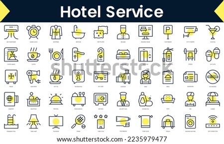Set of thin line hotel service Icons. Line art icon with Yellow shadow. Vector illustration