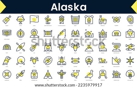 Set of thin line alaska Icons. Line art icon with Yellow shadow. Vector illustration