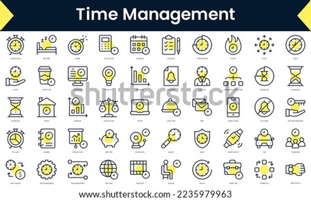 Set of thin line time management Icons. Line art icon with Yellow shadow. Vector illustration