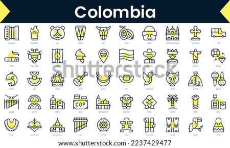 Set of thin line colombia Icons. Line art icon with Yellow shadow. Vector illustration