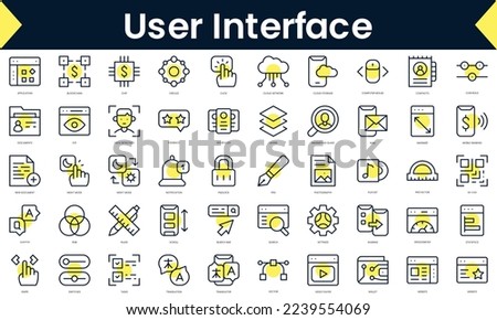 Set of thin line user interface Icons. Line art icon with Yellow shadow. Vector illustration