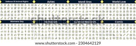 Linear Style Icons Pack. In this bundle include defense of animal rights, aztec, mardi gras, world love, womens day, no racism, science research, comic