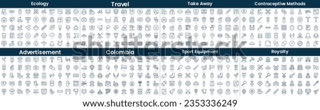Linear Style Icons Pack. In this bundle include ecology, travel, take away, contraceptive methods, advertisement, colombia, sport equipment, royalty