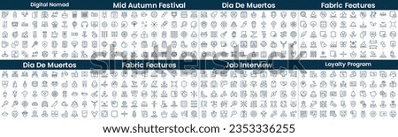 Linear Style Icons Pack. In this bundle include digital nomad, mid autumn festival, dia de muertos, fabric features, dia de muertos, fabric features, job interview, loyalty program