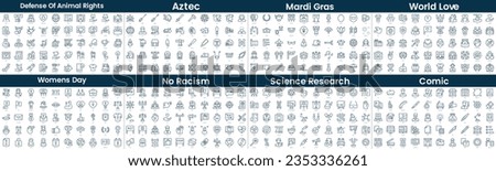 Linear Style Icons Pack. In this bundle include defense of animal rights, aztec, mardi gras, world love, womens day, no racism, science research, comic