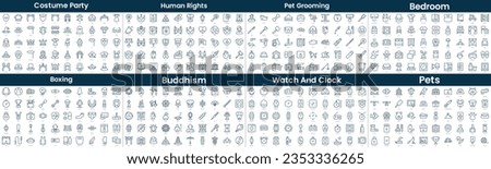Linear Style Icons Pack. In this bundle include costume party, human rights, pet grooming, bedroom, boxing, buddhism, watch and clock, pets