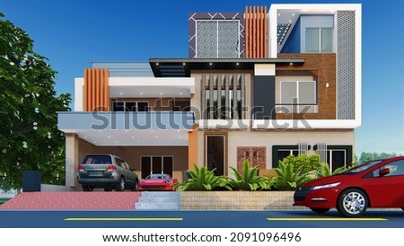 3d House Front Elevation. House rendering Hi quality and Hi resolution  ストックフォト © 