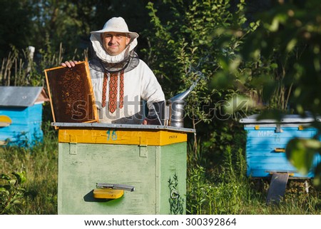 Apiarist wearing on white pants and shirt and a protective hat posing with frame of honeycomb near the apiary in the springtime