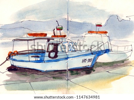 watercolor hand drawn sea boat yacht blue wave