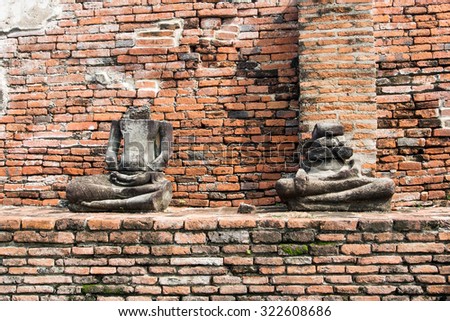 Two Buddha statues without head and old Brick in Ayutthaya historical park, Ayutthaya , Thailand