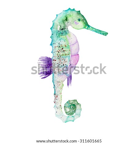 Illustration of isolated green seahorse painted in watercolor on a white background