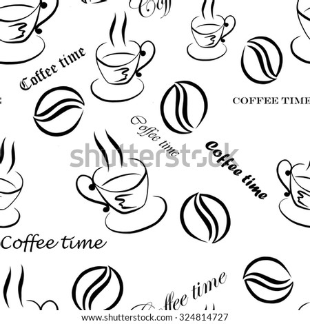 Seamless pattern with images of a cup of coffee, coffee beans and inscriptions \'\'Coffee time\'\', hand-drawn by black ink on a white background
