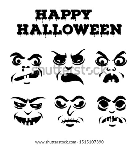 Halloween pumpkins carved faces silhouettes collection. Grumpy old men icons. Template with variety of eyes, mouths, noses for cut out jack o lantern. Black and white stencil set. Vector illustration