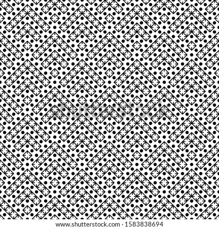 Seamless pattern. Curves, dots backdrop. Ancient mosaic. Folk wallpaper. Tribal motif. Stylized chevrons, rhombuses, circles ornament. Figures, rounds background. Digital textile print, abstract art.
