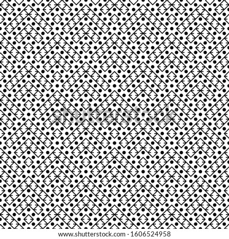 Seamless pattern. Stylized chevrons, rhombuses, circles ornament. Curves, dots backdrop. Folk wallpaper. Figures, rounds background. Tribal motif. Ancient mosaic. Digital textile print, abstract art.
