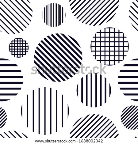 Circle, polka dot, stripe seamless pattern. Mixed texture irregular chaotic shapes print. Modern memphis stile geometric background. Bold trendy contemporary geo wallpaper. Abstract vector ornament
