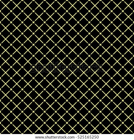 Seamless surface pattern with symmetric geometric ornament. Yellow diagonal stripes abstract on black background. Grid motif. Crossing lines wallpaper. Digital paper for page fill. Vector illustration