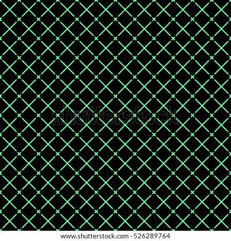 Seamless surface pattern with symmetric geometric ornament. Green diagonal stripes abstract on black background. Grill motif. Crossing lines wallpaper. Digital paper for page fill. Vector illustration