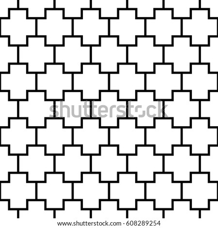Repeated white figures on black background. Patches wallpaper. Seamless surface pattern design with polygons. Mosaic motif. Digital paper for page fills, web designing, textile print. Vector art.