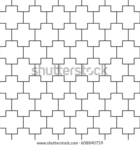 Repeated white figures on black background. Patches wallpaper. Seamless surface pattern design with polygons. Mosaic motif. Digital paper for page fills, web designing, textile print. Vector art.