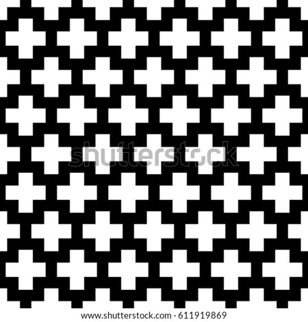 Crosses wallpaper. Repeated white figures on black background. Seamless surface pattern design with polygons. Mosaic motif. Digital paper for page fills, web designing, textile print. Vector art.