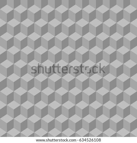 Repeated grey cubes background. Geometric shapes wallpaper. Seamless surface pattern design with polygons. Cubic motif. Digital paper with dices for page fills, web designing, textile print. Vector.