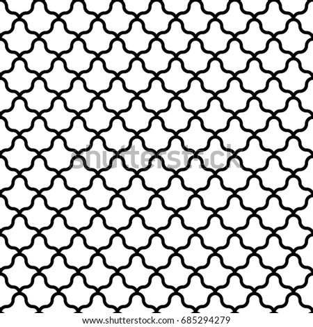 Interlocking white figures tessellation on black background. Image with floral shapes. Ethnic mosaic tiles motif. Oriental window tracery. Seamless surface pattern design with scales ornament. Vector.