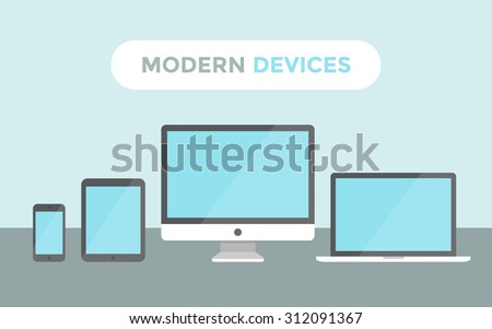 Flat modern devices mockup. Laptop, desktop, tablet pc and smartphone