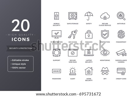 Security and protection line icons. Cyber web safety and privacy icon set with editable stroke