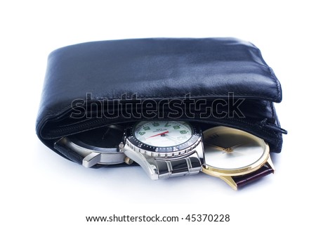 Concepts to use: time is money, time to become rich, rule over time, time management. Wallet with three watches in it isolated on white