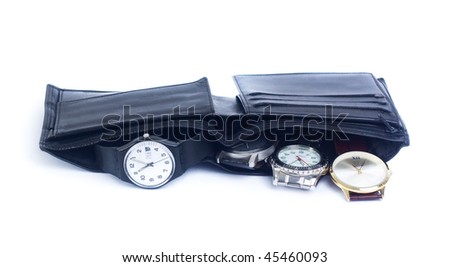 Concepts to use: time is money, time to grow rich, rule over time, time management. Wallet with four watches in it isolated on white