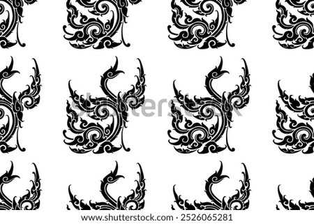 Seamless transition Thai art ideal swan black colored pattern in damask style motifs suitable for wallpaper, curtain, clothing, textiles and fabric design isolated over white background. EPS files.