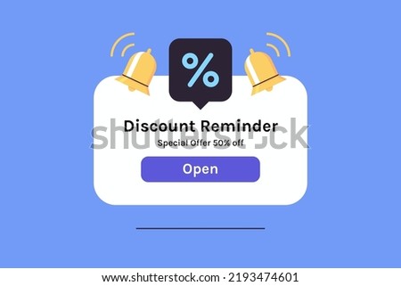 Discount pop up box with a percent sign and notification or message about a gift coupon for the purchase or subscription of a product flat vector illustration.