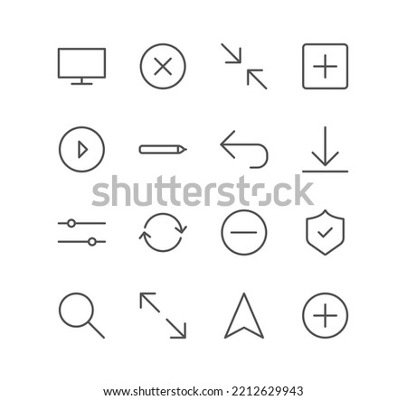 Set of interface and web icons, download, magnifying glass, shield, refresh, navigation and linear variety vectors.

