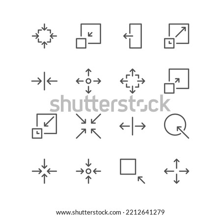 Set of arrow and technology icons, size, scale, decrease, edit, resize, line, view, reduce and linear variety vectors.
