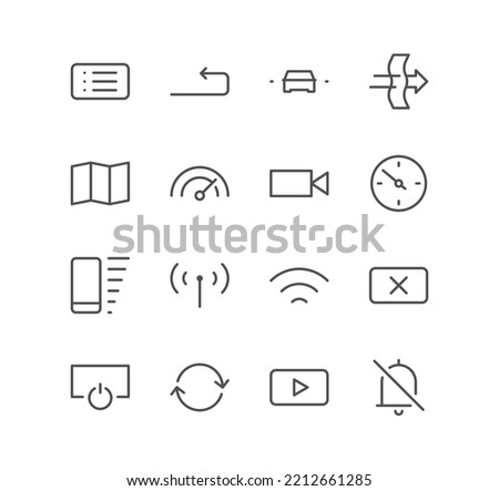 Set of car dashboard and control button icons, camera, document, navigation, vehicle, media, refresh, alert and linear variety vectors.

